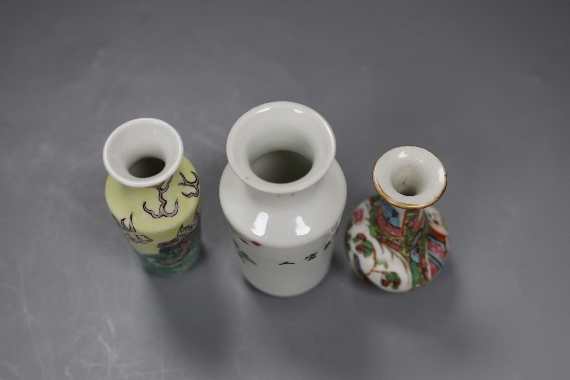 Three Chinese enamelled porcelain miniature vases, late 19th century / Republic period, tallest 10cms high